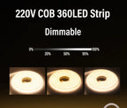 1M-50M 220V COB LED Strip Dimmable 360LEDs/m EU Plug Kitchen Home Room Decoration Flexible Ribbon for Outdoor Garden Lighting