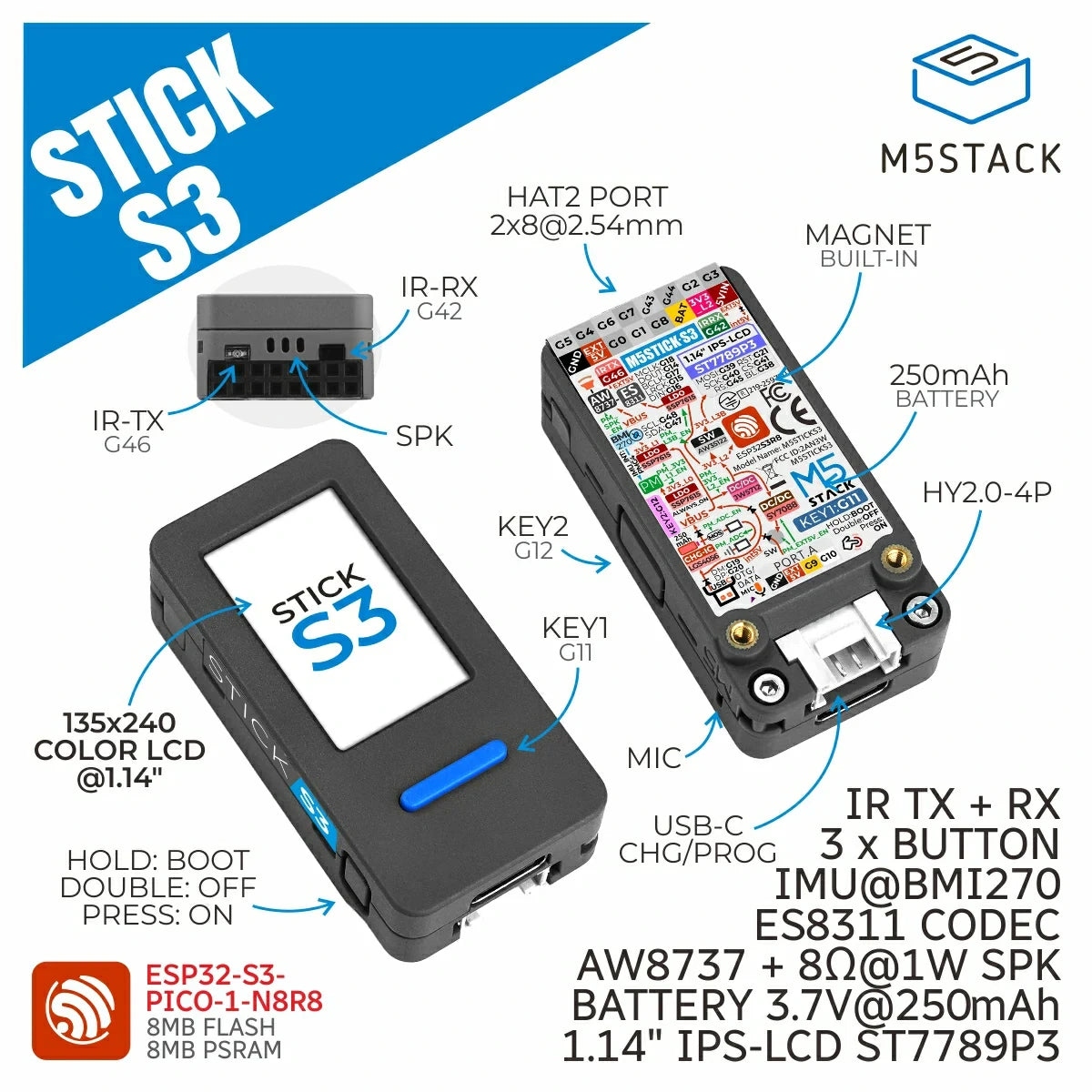 Original M5Stack StickS3 Programmable Controller ESP32S3 Mini IoT Development Kit IoT Controller