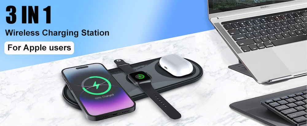 Wireless Charger Pad 3 in 1 for iPhone 17 16 15 Pro Max Fast Dual Wireless Charger for Samsung S25 S24 S23 Xiaomi Charging Pad