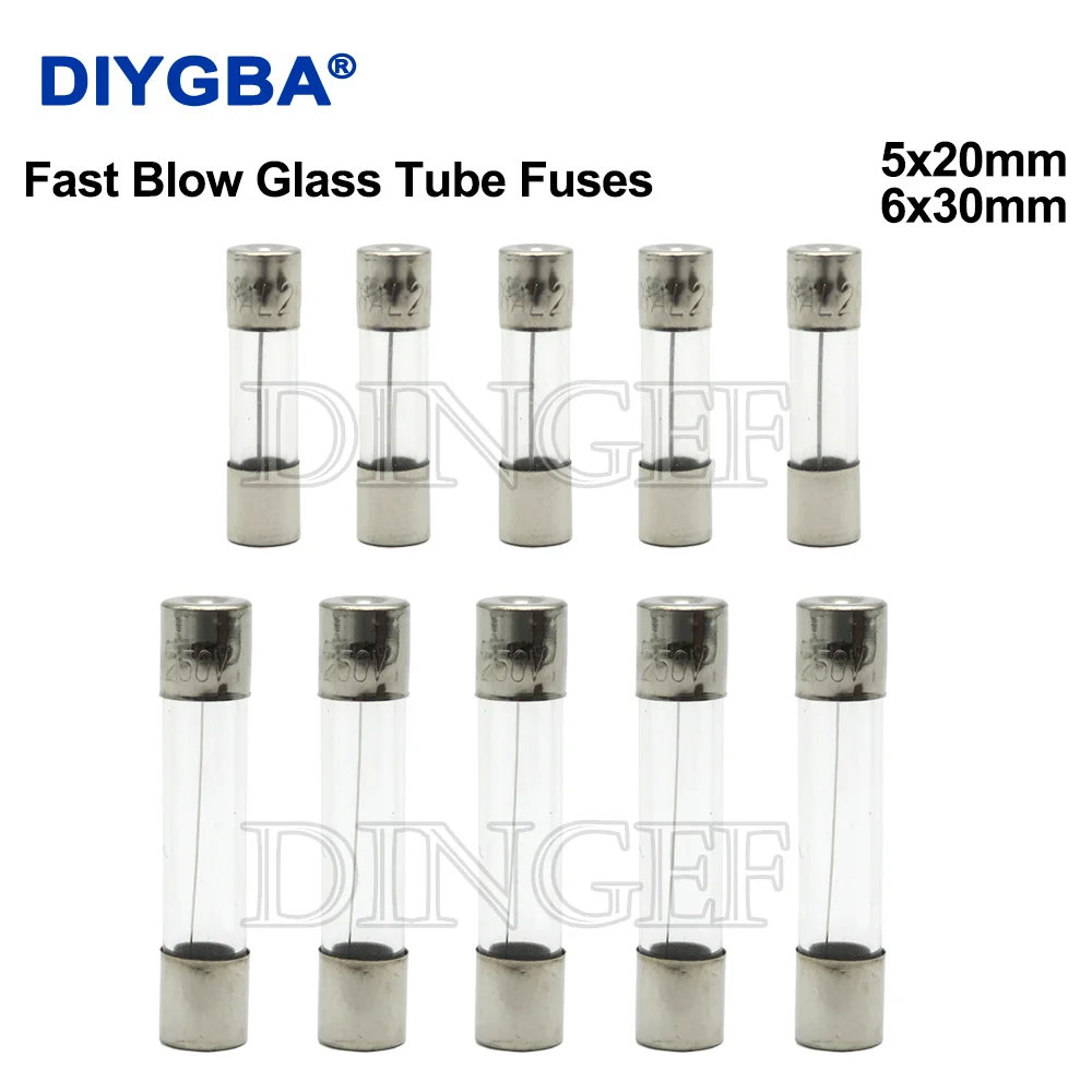 100PCS 5*20mm 6*30mm Fast Blow Glass Tube Fuses 5x20mm 6x30mm 250V 0.5A 1A 2A 3A 4A 5A 6A 8A 10A 15A 20A 25A 30A 0.75A AMP Fuse