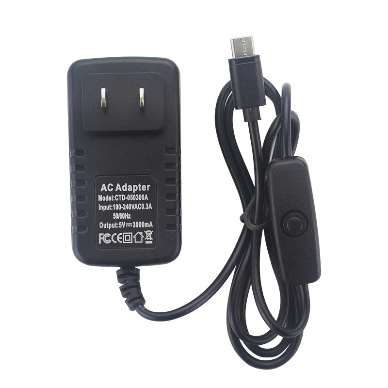 5V 3A Power Supply with ON/OFF Switch EU US UK Plug Charger USB Type-C Power Adapter for Raspberry Pi 4 Orange Pi Zero 3 / 3B