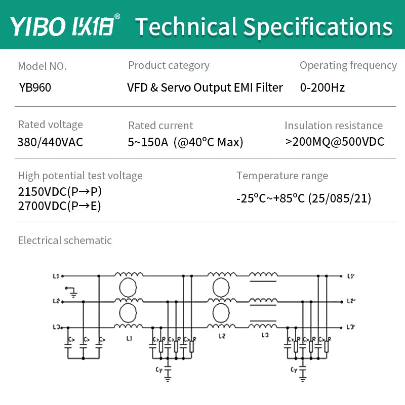 YIBO Industrial 3 Phase EMC Output Filter YB960 380V for VFD Inverter Servo Drive Motor EMI Noise Filter Anti Interference