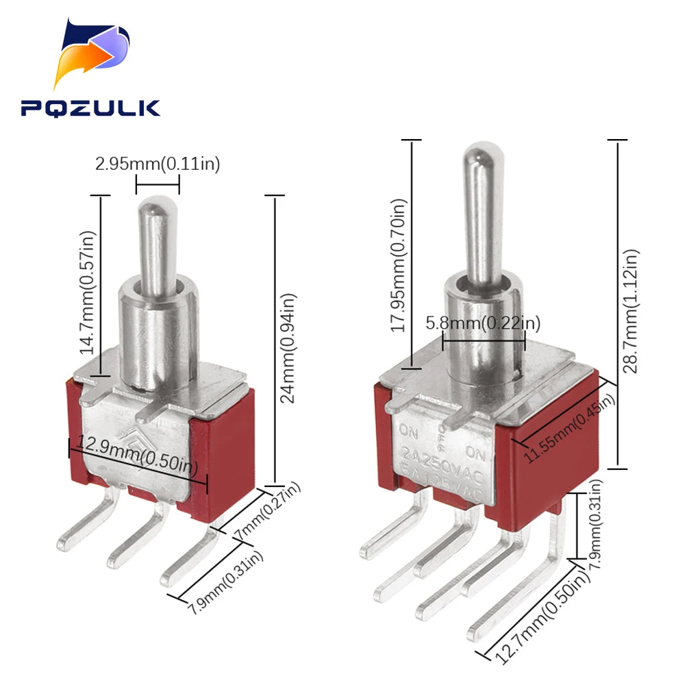 Vertical Right Angle 2/3/10A 125/250V AV 3/6Pins 2/3Position SPDT PCB Mount Toggle Switch ON-OFF-ON Rocker Switche ON-ON