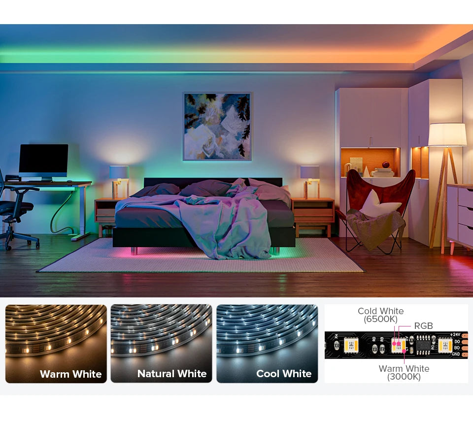 WS2805 SPI RGBCCT Pixel Led Strip 4Pin 60Leds/m IP30 IP65 IP67 Waterproof Addressable Smart Led Lights Strip Black White PCB 24V