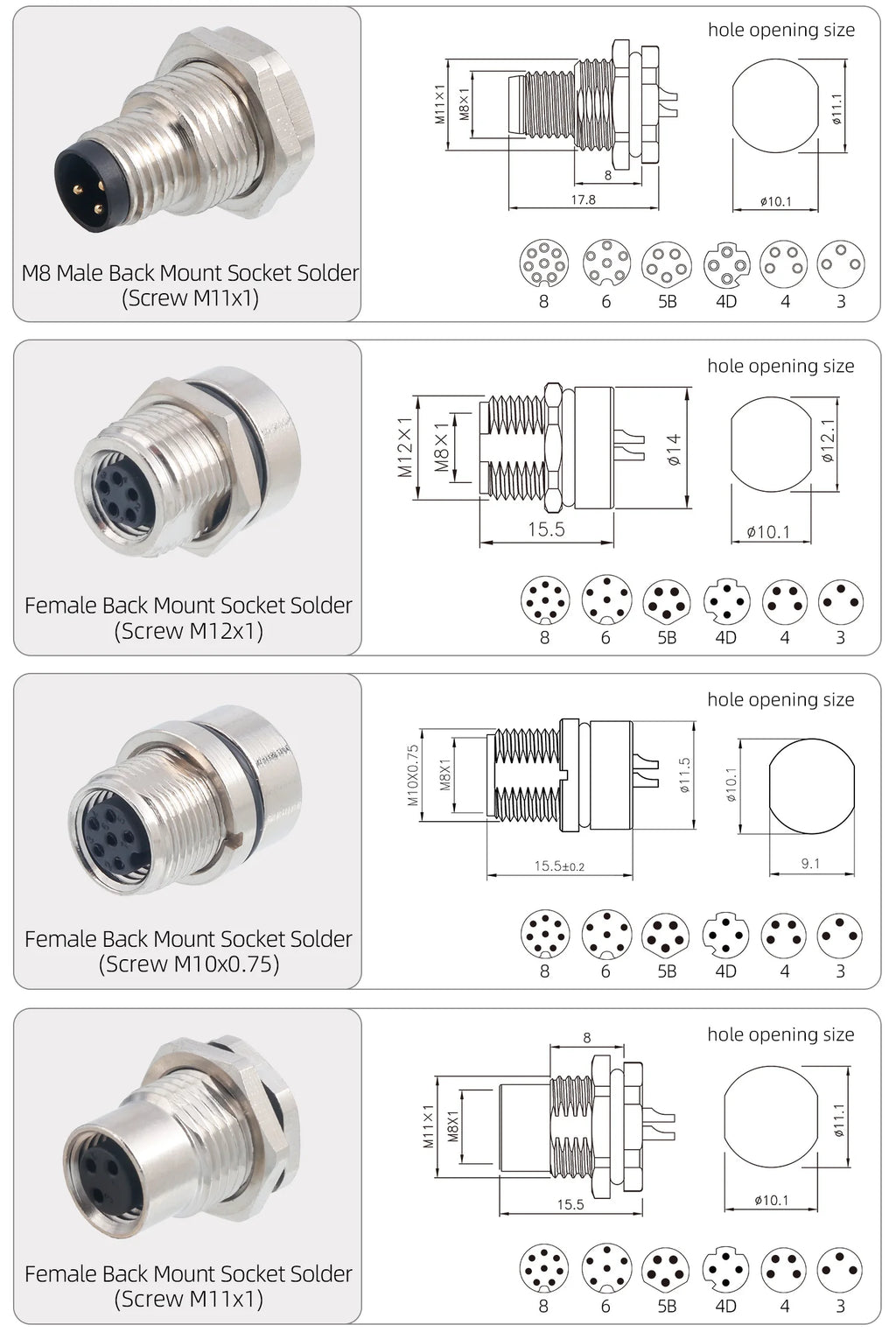M8 IP67 Waterproof Circular Connector 3 4 5 6 8 Pin Front Rear Panel Mount Solder Industrial Socket Screw M8 M10 M11 M12