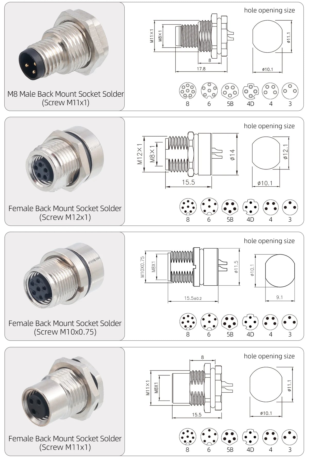M8 IP67 Waterproof Circular Connector 3 4 5 6 8 Pin Front Rear Panel Mount Solder Industrial Socket Screw M8 M10 M11 M12