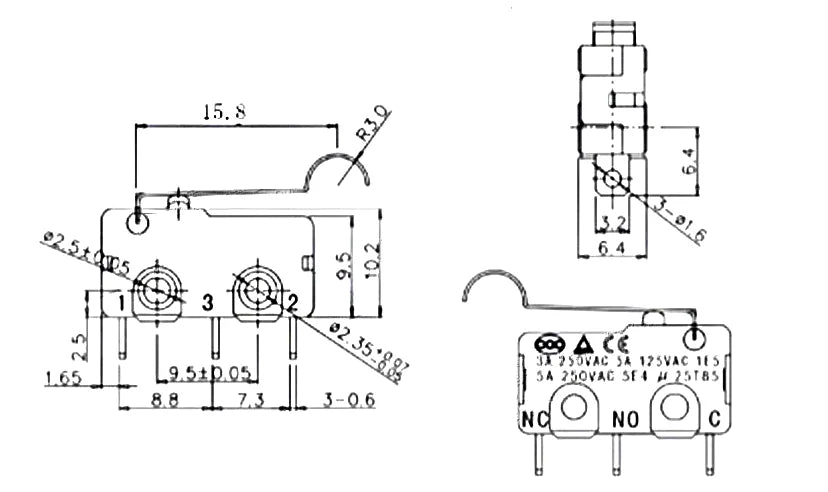 40PCS/Box Mini Micro Limit Switch - NO NC SPDT 2P/3P Terminals 5A 125V/250V Roller Arc Lever Snap Action Switch