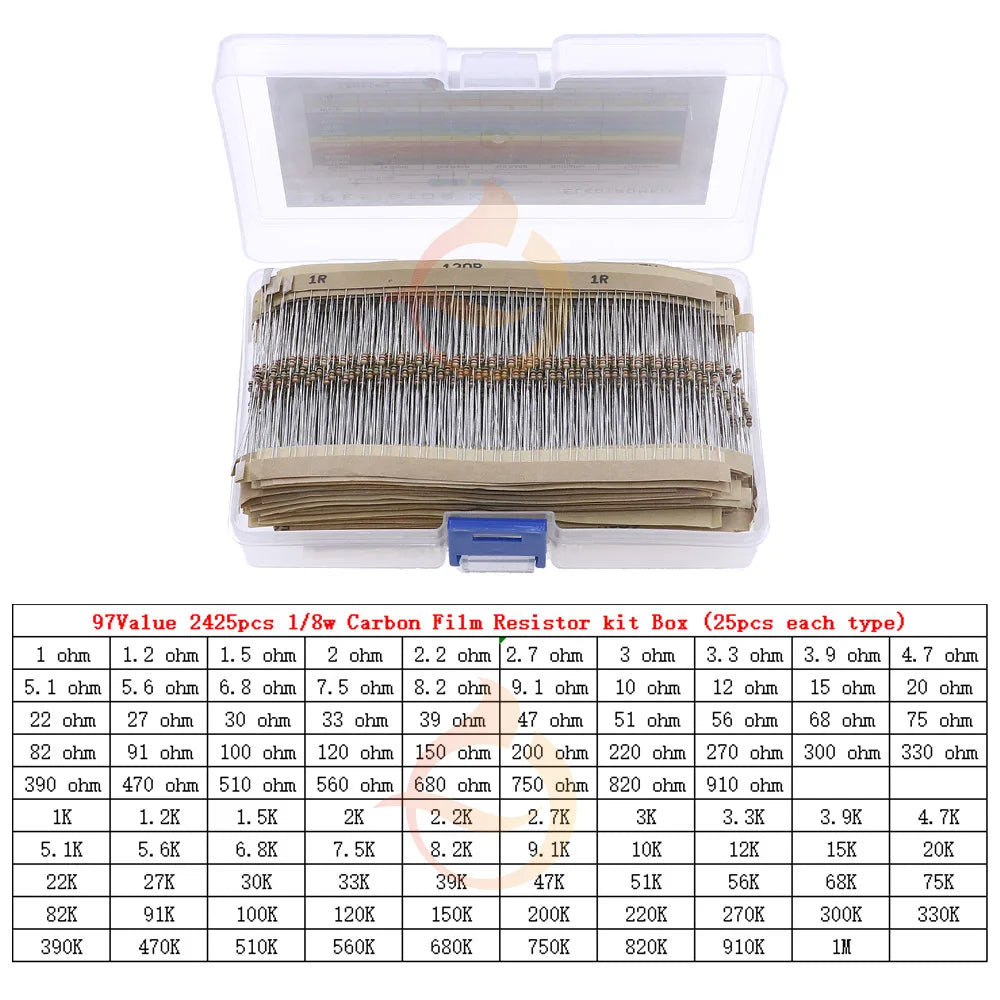 1/8W 1/4W 1/2W 1W 2W 3W 5W  5% 0 Ohm-10m ohm Carbon Film Resistor Assorted Kit With box 1K 2K 5.1K 10K 47K 100K 220K 470K 3M 10M