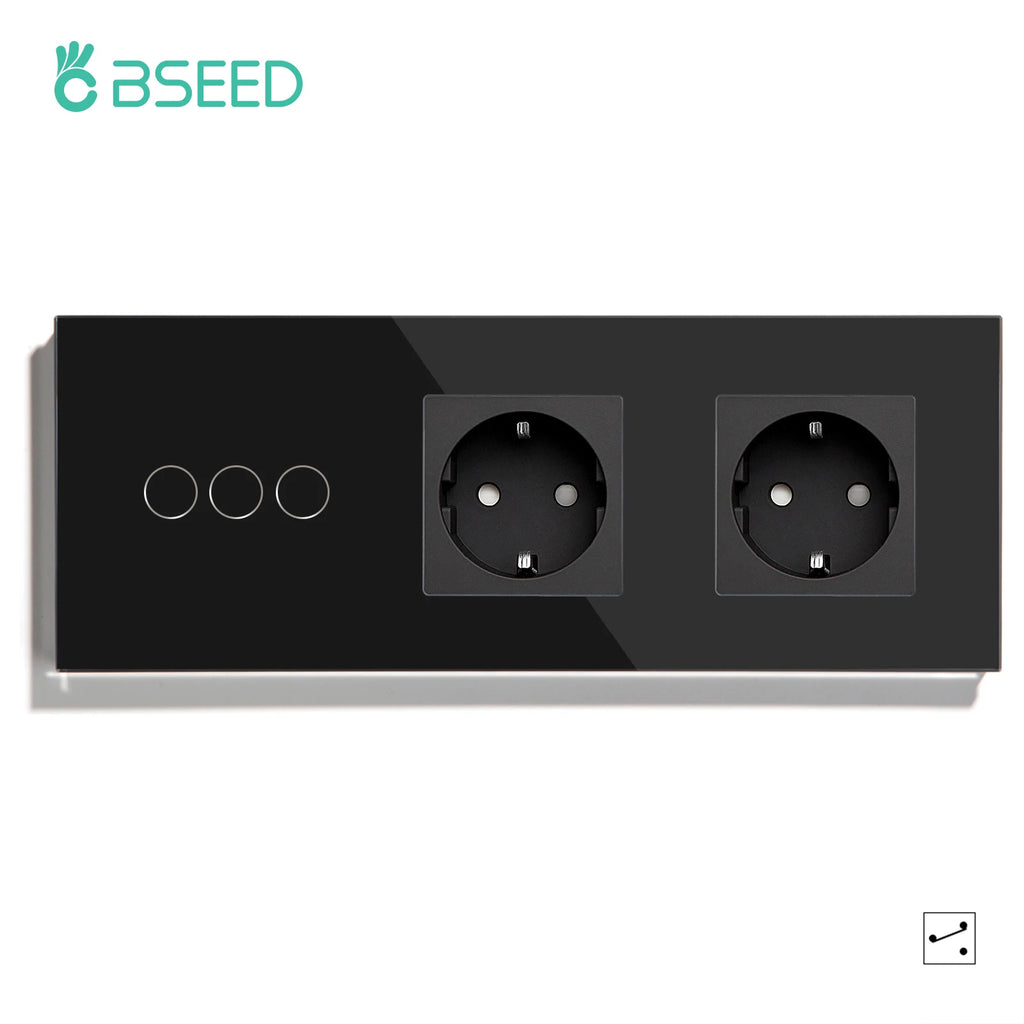 BSEED EU Standard 1/2/3Gang 2Way Wall Touch Switch Light Sensor Switches Wall Socket USB Type-C Crystal Glass Panel 240V Black