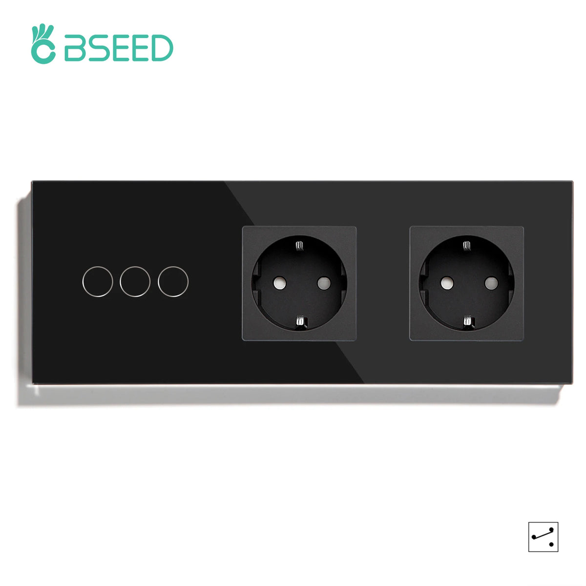 BSEED EU Standard 1/2/3Gang 2Way Wall Touch Switch Light Sensor Switches Wall Socket USB Type-C Crystal Glass Panel 240V Black
