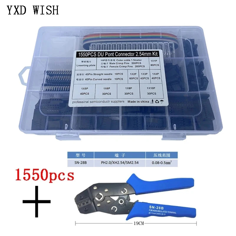 SN-28B Crimping Tool Kit With 1550PCS 2.54mm Dupont Connectors and Crimp Pins 2.54mm JST-XH Connectors DIY Sets