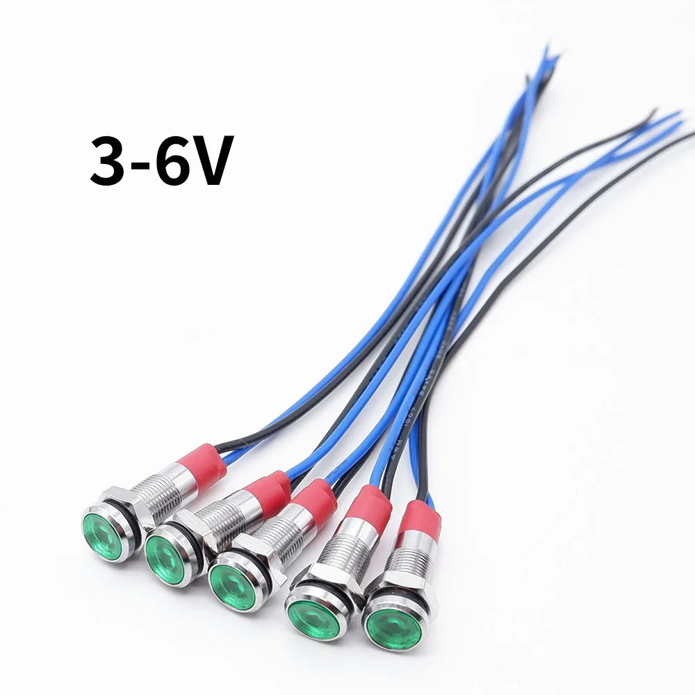 5pcs 6mm Metal Indicator Light LED Warning Signal Lamp Pilot With Wire 3V 5V 6V 12V 24V 220V Red Orange Blue Green White