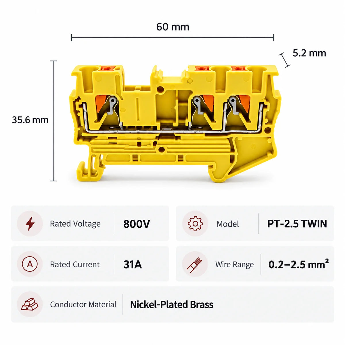 10PCS PT2.5-TW DIN Rail Terminal Block Twin 3-Conductor Feed Through Push In Spring Connector 2.5mm2 NS35 Electrical Wiring