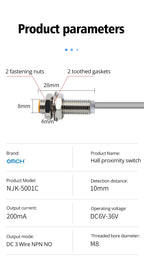 OMCH Hall Switch NJK-5002 Proximity Inductive Magnetic Pole Sensor M8/M12 Normally Open/Closed 24V Hall Effect Proximity Sensor