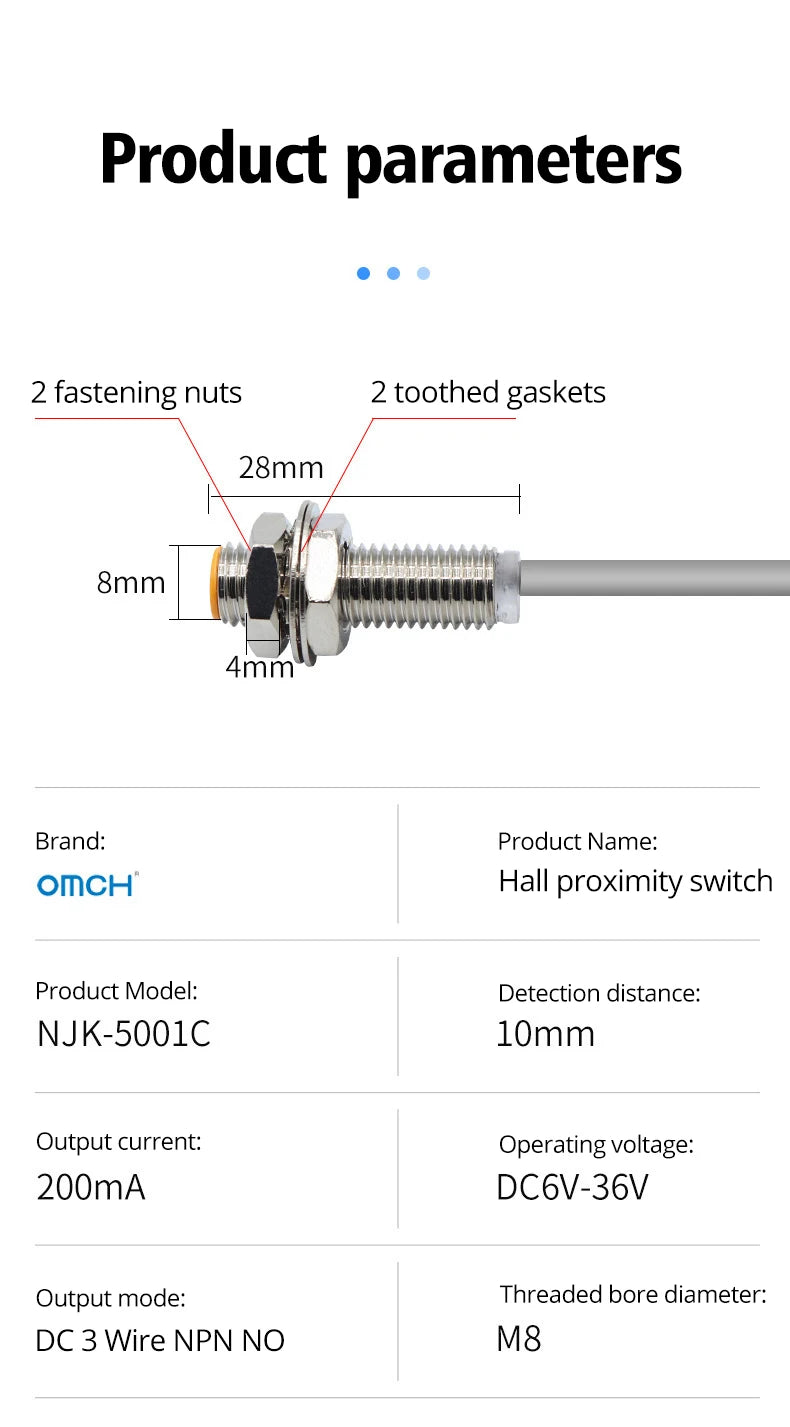 OMCH Hall Switch NJK-5002 Proximity Inductive Magnetic Pole Sensor M8/M12 Normally Open/Closed 24V Hall Effect Proximity Sensor