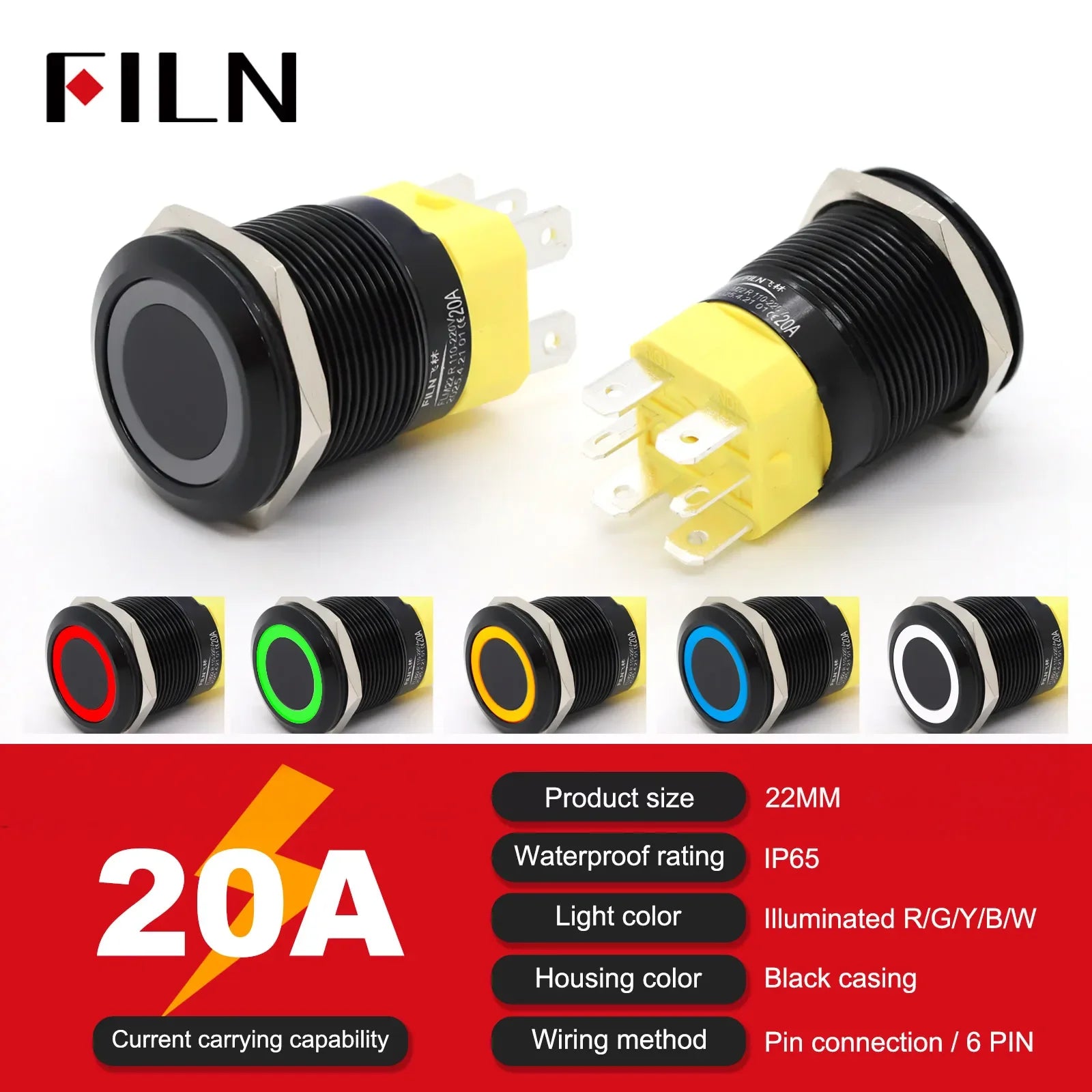 High Current 19mm 22mm 20A 12V 24V 110V 220V IP68 Waterproof Flat Ring Round Push Button Switch Metal Stainless Steel 20cm Wire