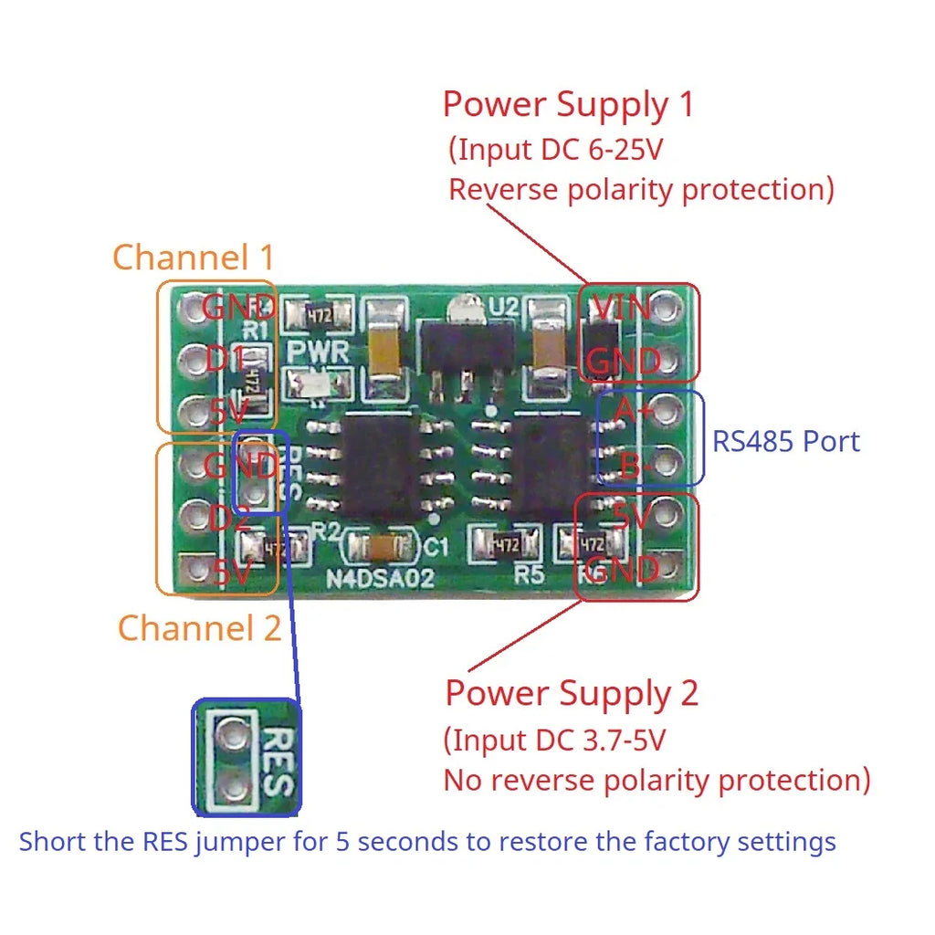 Industrial Dual DS18B20 RS485 Modbus RTU Temperature Module, 5-24V DC, for Smart Home Thermostat & IO