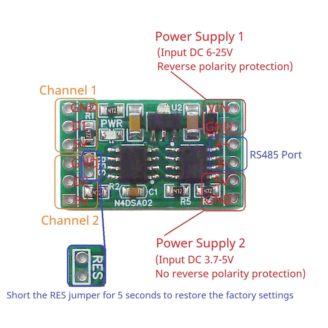 Industrial Dual DS18B20 RS485 Modbus RTU Temperature Module, 5-24V DC, for Smart Home Thermostat & IO