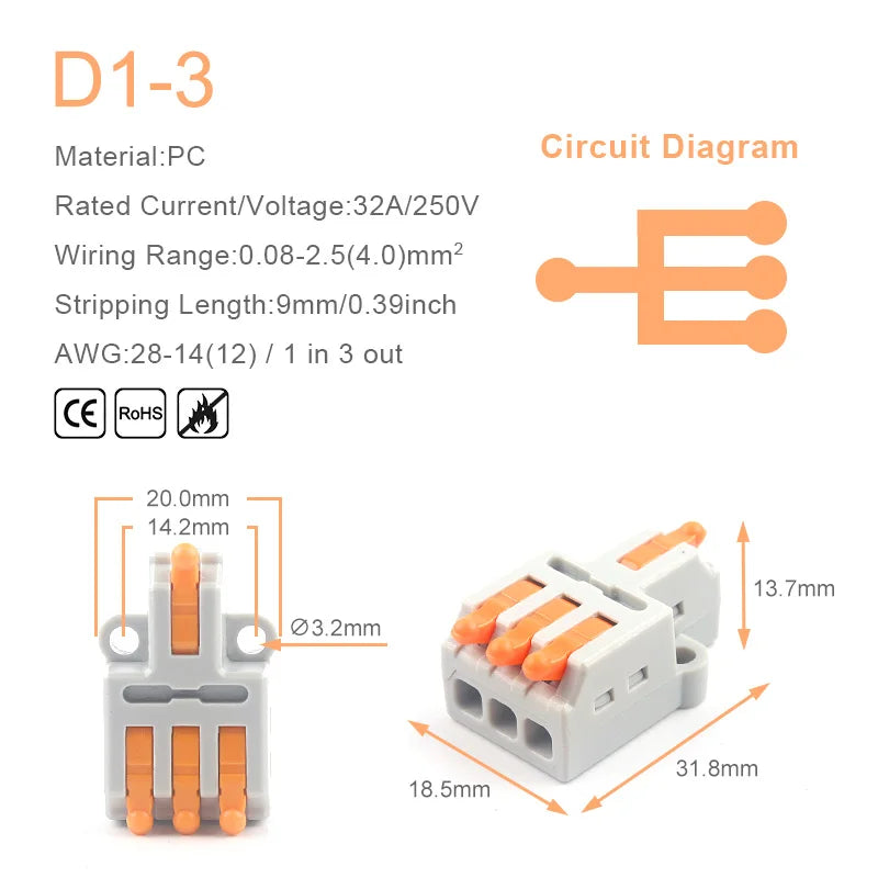 Mini Quick Wire Conductor Connector Universal Compact 2/3 Pin Splicing Push-inTerminal Block 1 in multiple out with fixing Hole