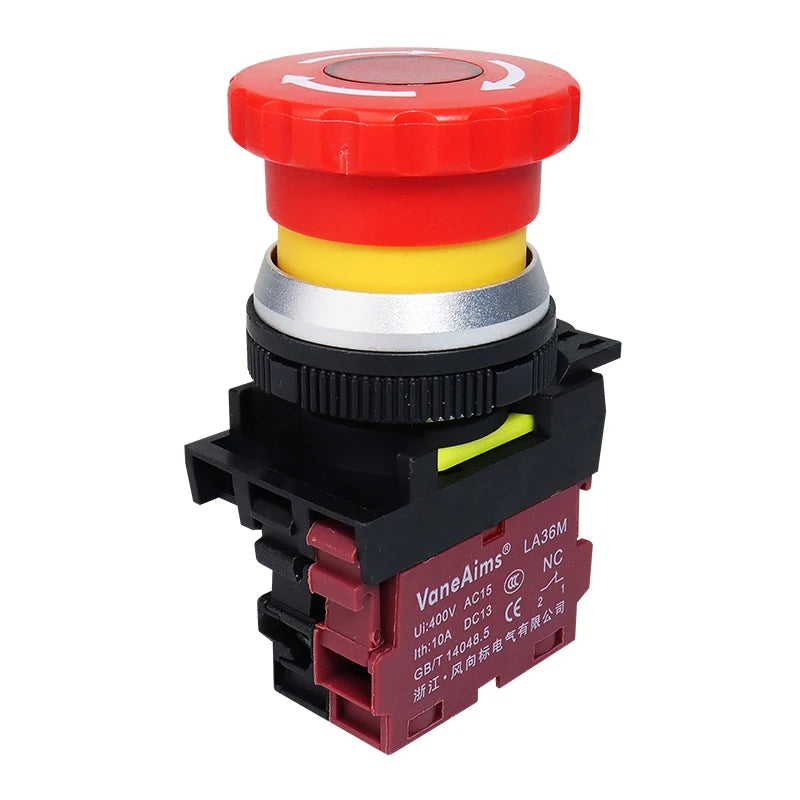 30mm LA36M Plastic Mushroom E-stop Switch Emergency Stop Push Button Switch Latching Self Locked with Red LED Light 12v 24v 220v