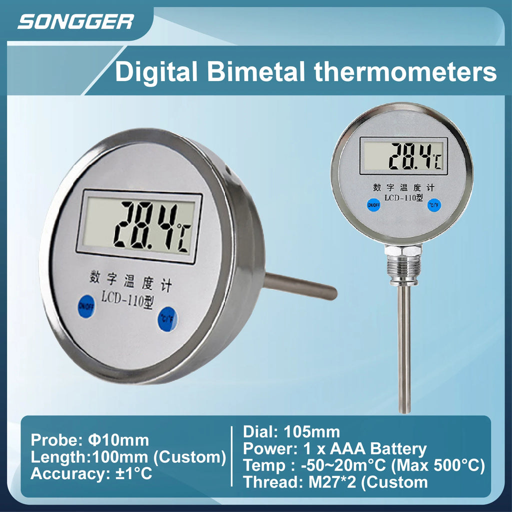 Digital Bimetal Thermometer LCD‑110 Stainless Steel Probe High Precision Water Temp Gauge Axial/Radial Mount IP65