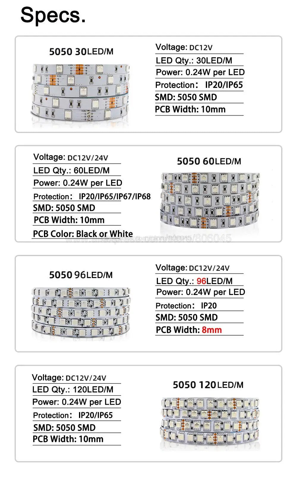 5m 12V 24V DC RGB LED Strip 30LEDs/m 60LEDs/m 96LEDs/m 120LEDs/m SMD 5050 Flexible LED Light Tape 8mm 10mm PCB for Decoration