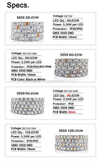 5m 12V 24V DC RGB LED Strip 30LEDs/m 60LEDs/m 96LEDs/m 120LEDs/m SMD 5050 Flexible LED Light Tape 8mm 10mm PCB for Decoration