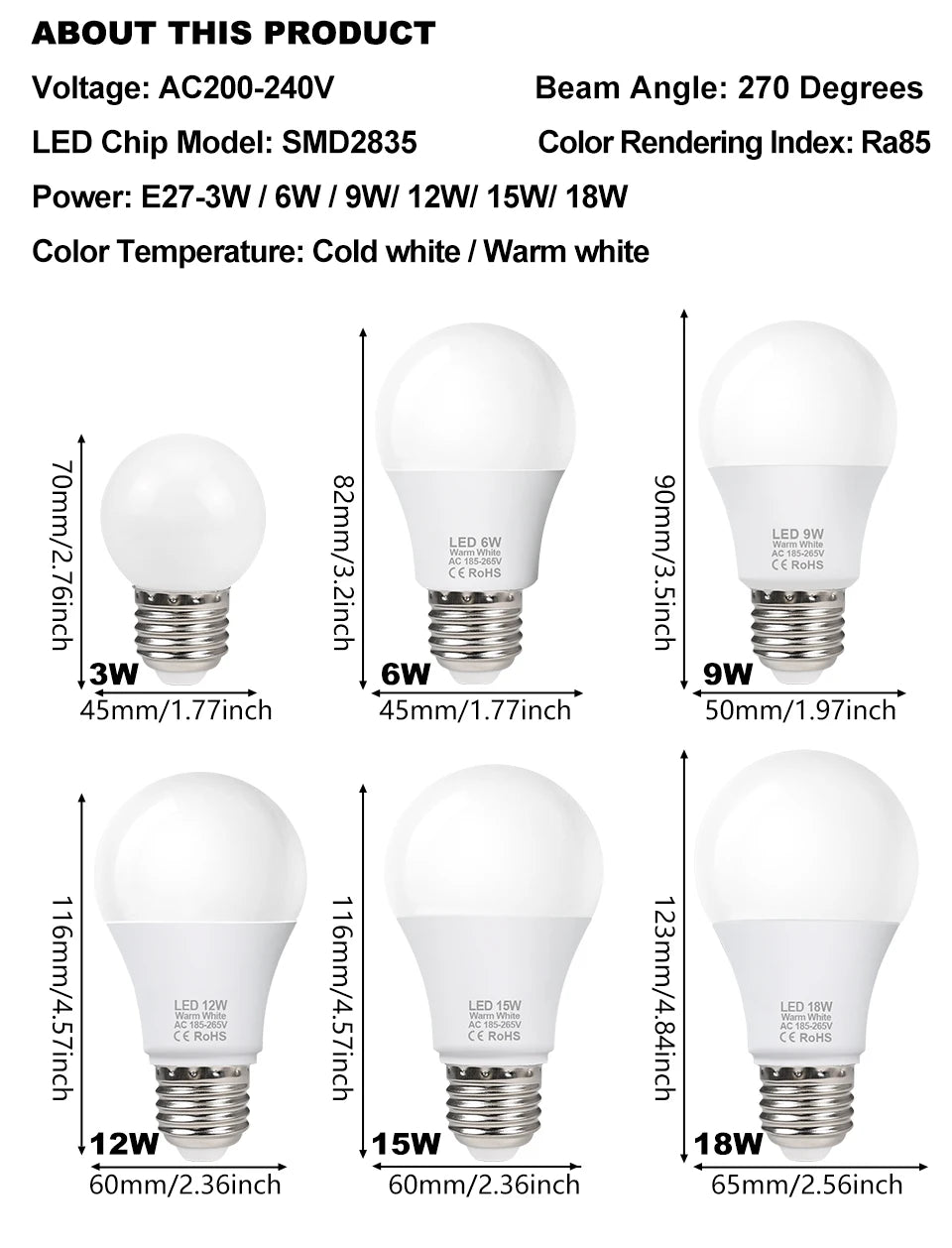 4PACK 220V LED Light Bulbs E27 Spotlights For home SMD2835 6W 9W 12W 15W 18W LED Lamp Saving Cold Warm White Bombilla Ampoule
