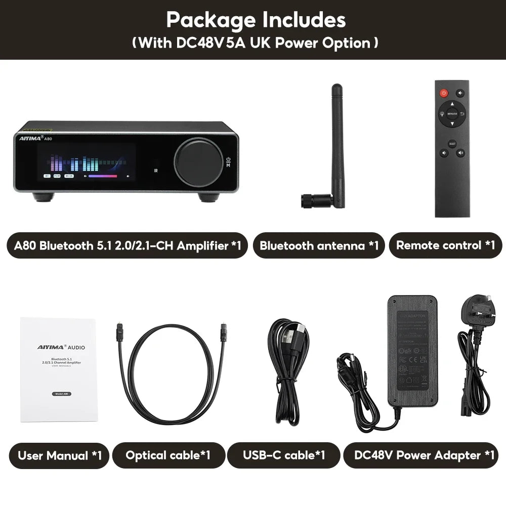 AIYIMA Upgraded A80 Power Amplifier TPA3255 DAC Bluetooth PFFB Stereo 300Wx2 Class D Digital Amp RCA TRS OPT COA USB Input