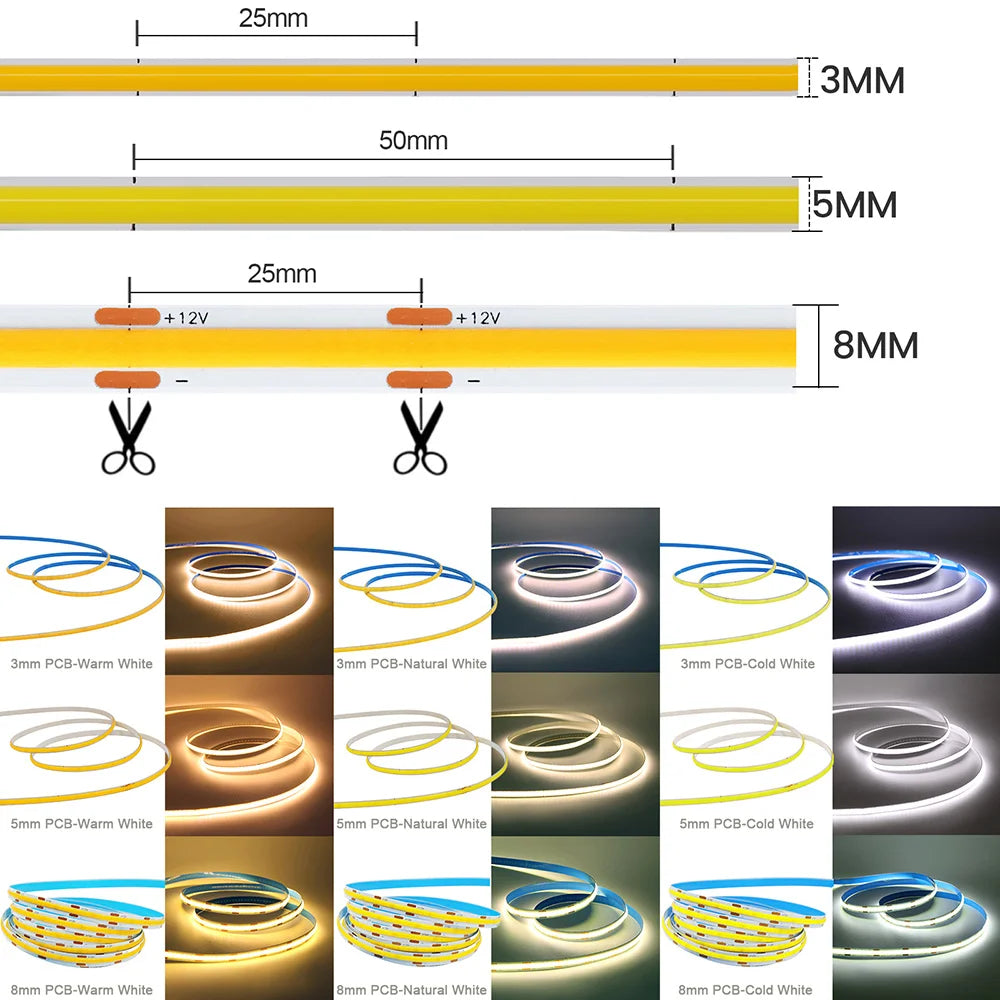3mm 5mm PCB COB LED Strip Light 5V 12V 24V 320LED 8mm CRI90 Super Bright Flexible LED Tape For Cabinet Home Liner Lighting