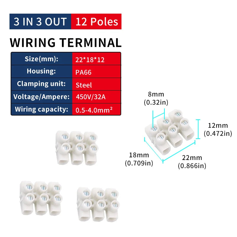 Terminal Block 12-Position Strip 450V/32A PA66 Electrical Equipment Connectors 0.5-4mm² Plastic Flame Retardant Wire Connector