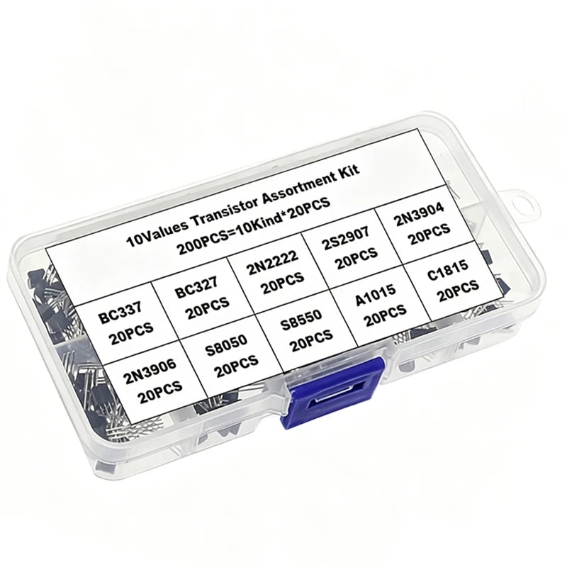 200PCS Transistor Assortment KIT 10Value x 20pcs 2N2222 2N2907 2N3904 2N3906 S8050 S8550 A1015 C1815 BC337 BC327 Transistors Box