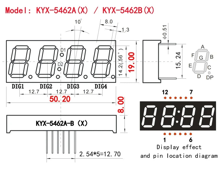 10PCS 0.56-inch 4-digit clock digital tube 50mmX19mm digital display "8" height 14.2mm seven-segment digital tube5462series5465