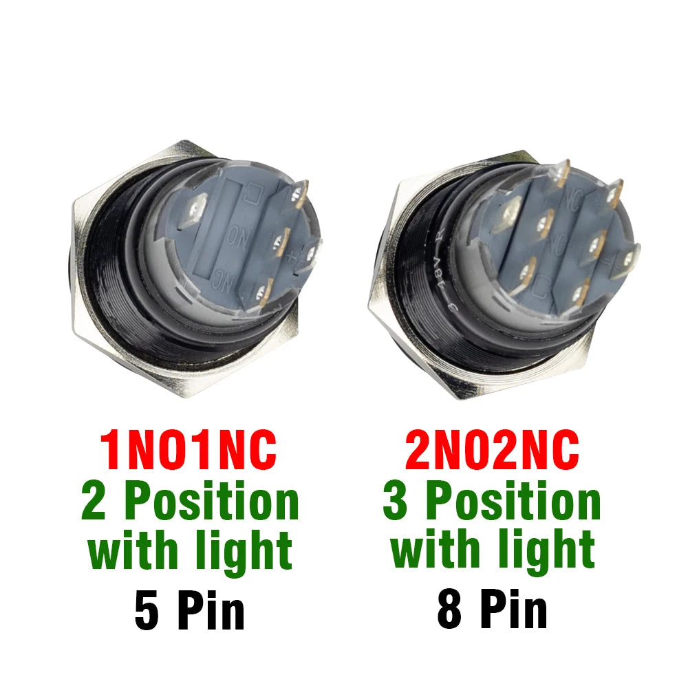 19mm Black Self-return Momentary Self-locking Fixation Waterproof DPDT Illuminated Metal Selector Rotary Switch 2/3 Position LED