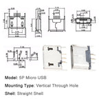 100/1000PCS Micro USB Android Female Charging Socket, Flat Edge Crimped Type, 5Pin, 4 Mounting Pins, SMD & DIP Tail Connector