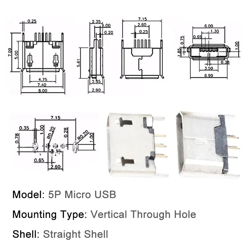 100/1000PCS Micro USB Android Female Charging Socket, Flat Edge Crimped Type, 5Pin, 4 Mounting Pins, SMD & DIP Tail Connector