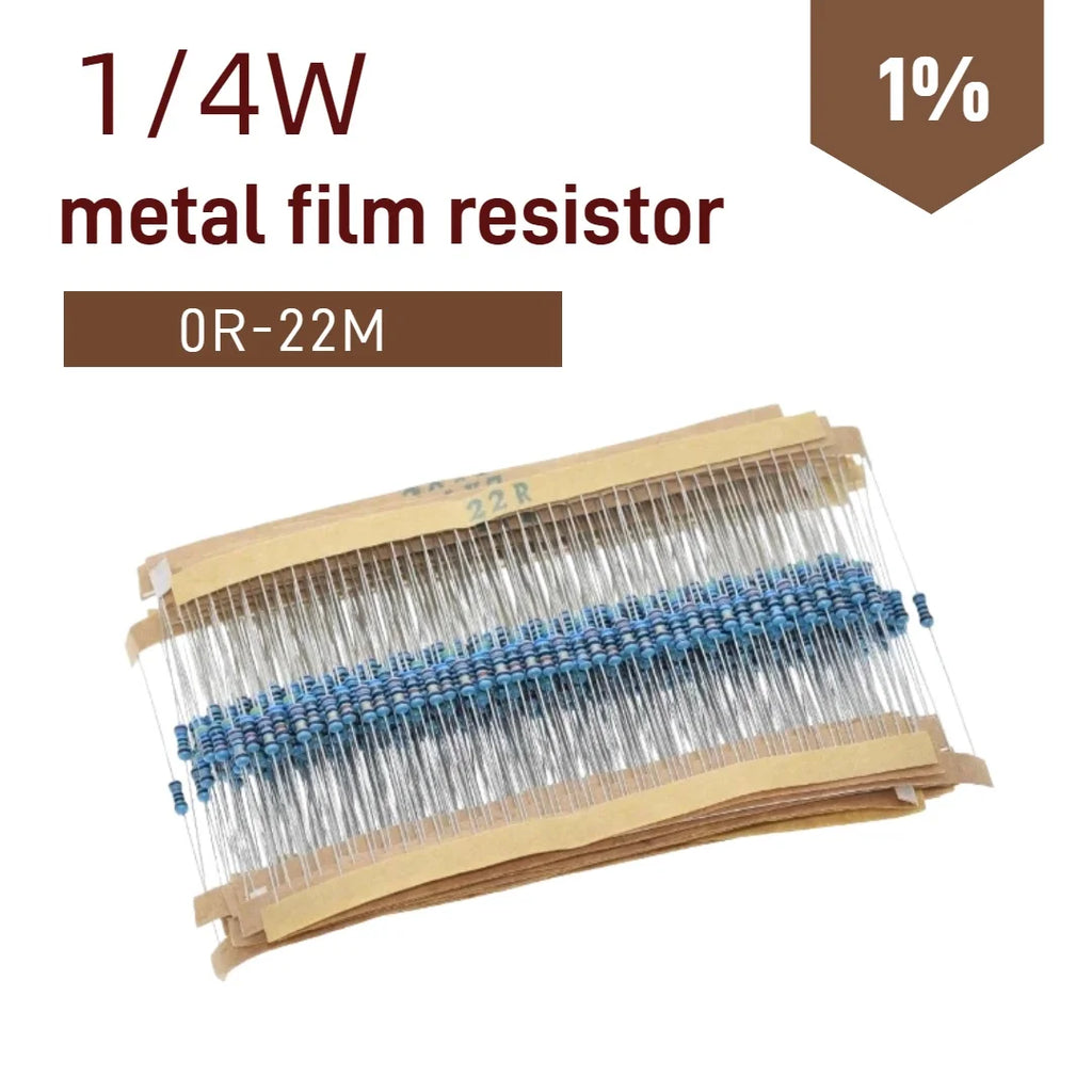 100pcs,0.25W 0R-22M 1% Metal Film Resistor 1/4W 0 2.2 10 100 150 220 270 330 470 1K 2.2K 4.7K 10K 47K 100K 470K 1M 10M 20M Ohms