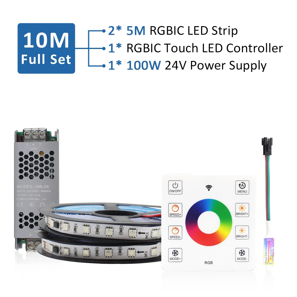 WS2811 RGB IC Running Water Flowing Strip Lights DC 24V 5050 60Leds RGBIC Flexible Ribbon RF Touch Remote Control LED Lighting