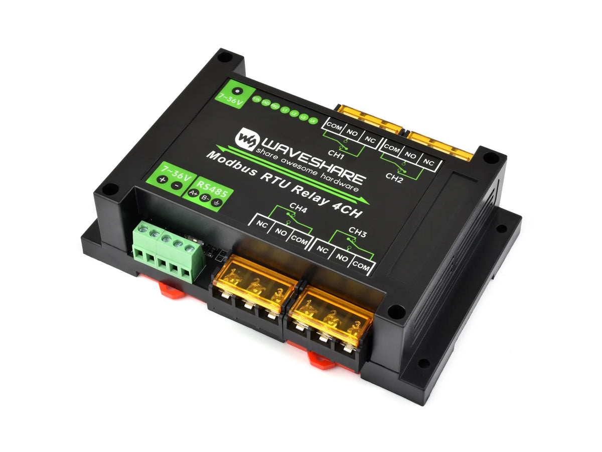 Waveshare Industrial Modbus RTU 4-ch Relay Module with RS485 Interface, 30A High Current, Onboard LED Indicators