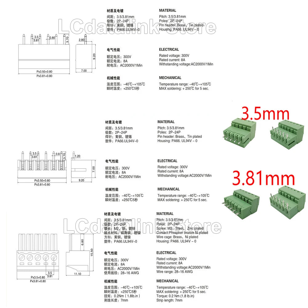 5Pairs KF2EDG 15EDG 3.5mm/3.81mm/3.96mm/5.08mm PCB Screw Terminal Block Connector Pin Header Socket Straight/Right Angle 2-12Pin