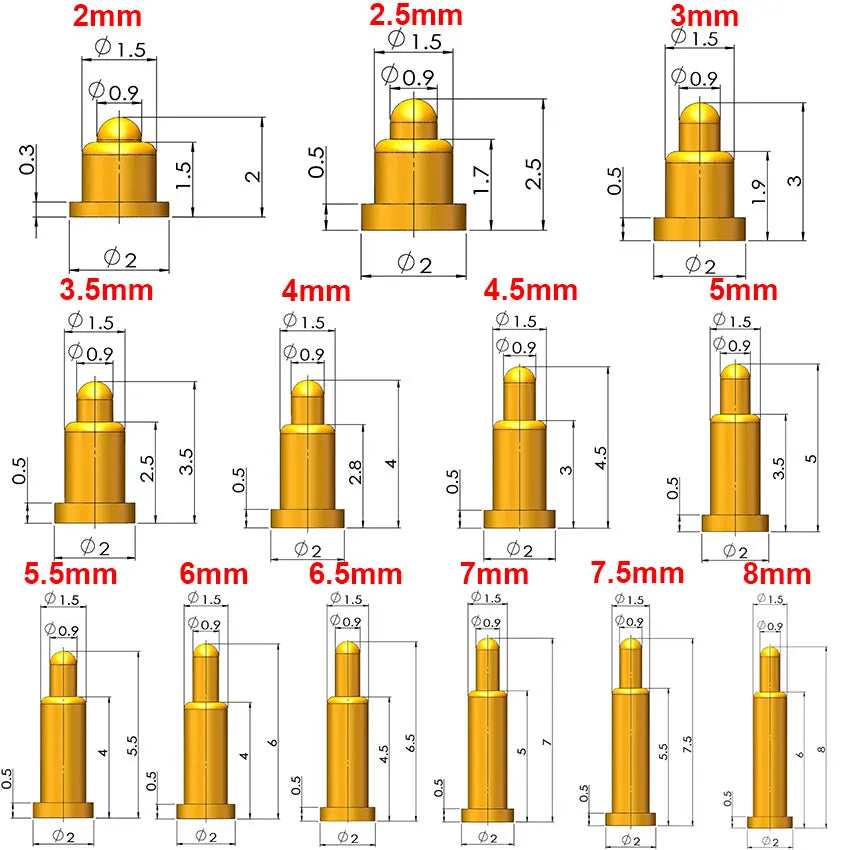 5Pcs Battery Spring Loaded Pogo Pin Connector SMD Needle PCB Height 2 3 4 5 6 7 8 9 10 11 12 13 14 16 17 18 22 MM Test Probe