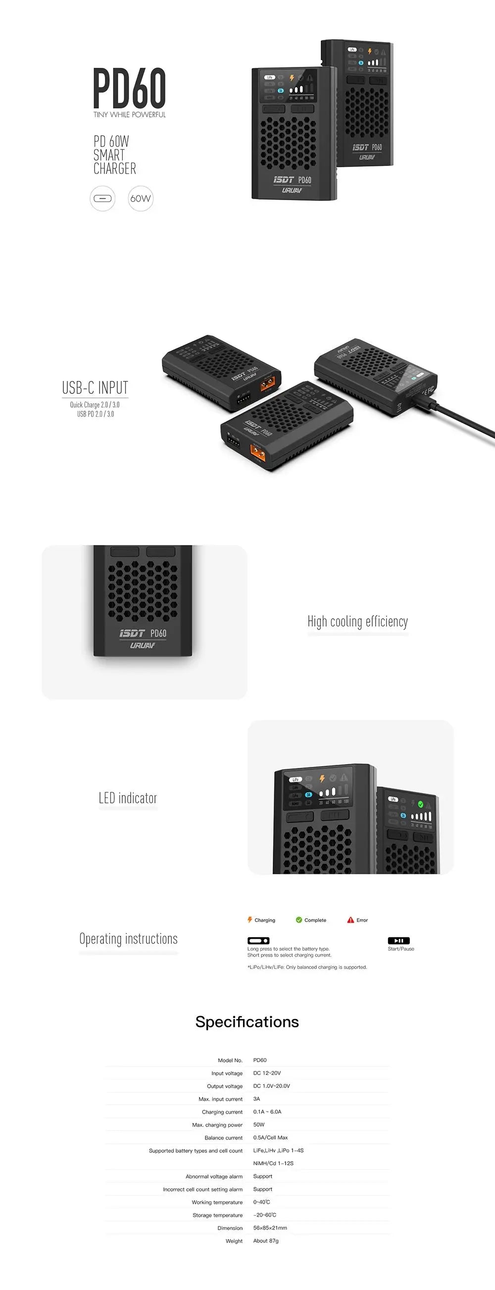 ISDT PD60 Smart Balance Charger 60W Type-C PD QC Fast Charger 1-4S LiPo LiFe LiHV NiMH RC Battery Charger