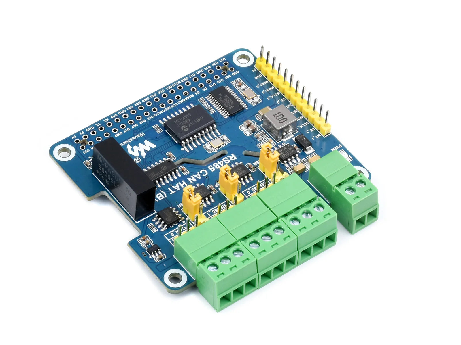 Waveshare Isolated RS485 CAN HAT (B) For Raspberry Pi, 2-Ch RS485 and 1-Ch CAN, Canbus, for Raspberry Pi 5/4B/3B