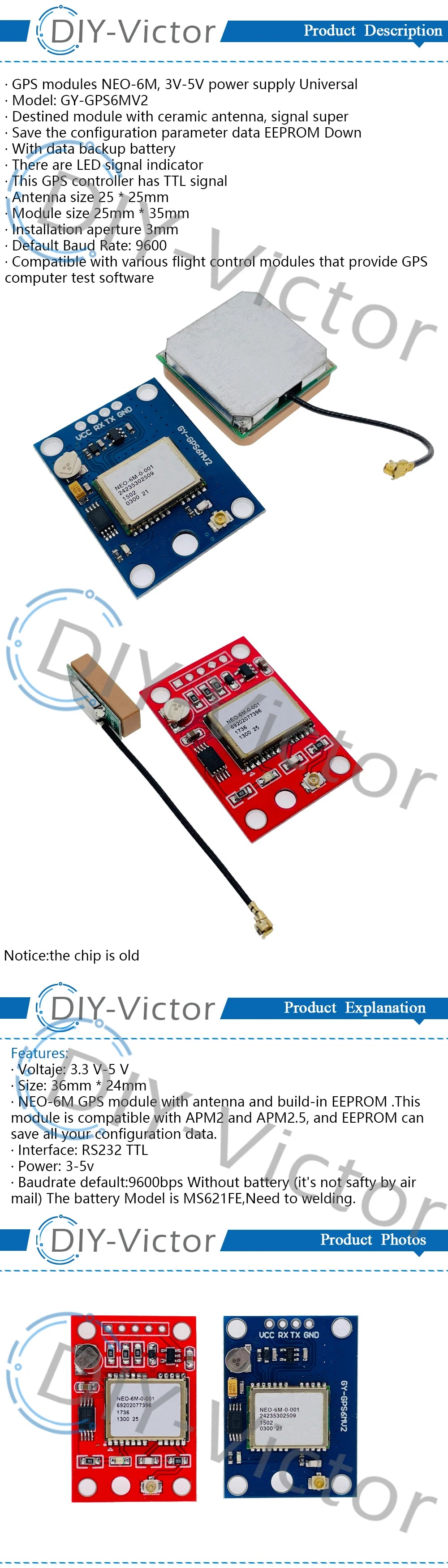 NEO-6M GPS Module GY-GPS6MV2 NEO6MV2 Buit-in EEPROM APM2.5 Antenna 3V-5V RS232 TTL Board for Arduino with Flight Control