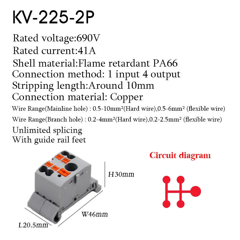 1PC 225 Series Terminal Block One In Multiple Out Wire Electrical Connectors Plug-in Spliceable Splitter Guide Rail Junction Box