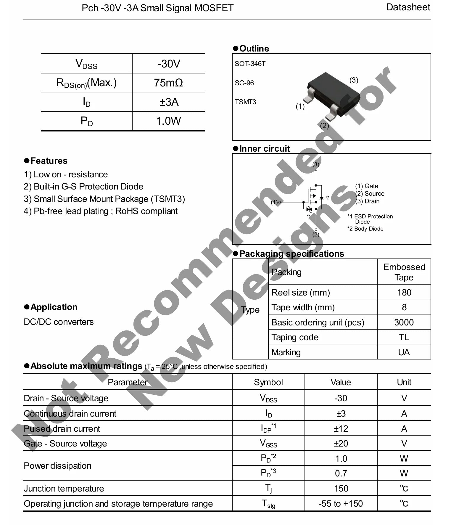 20PCS RRR030P03TL Marking UA SOT-346T SC-96 TSMT3 30V 3A 1W 75mΩ 75m OHM P-Channel NEW Original Field-Effect Transistor MOSFETs