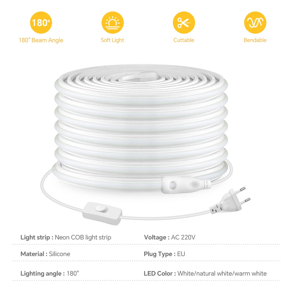 Super Bright 220V COB LED Strip Neon Lights 280LEDs/m Flexible Kitchen Lamp RA90 Waterproof LED Tape With EU Power Plug 1M-30M