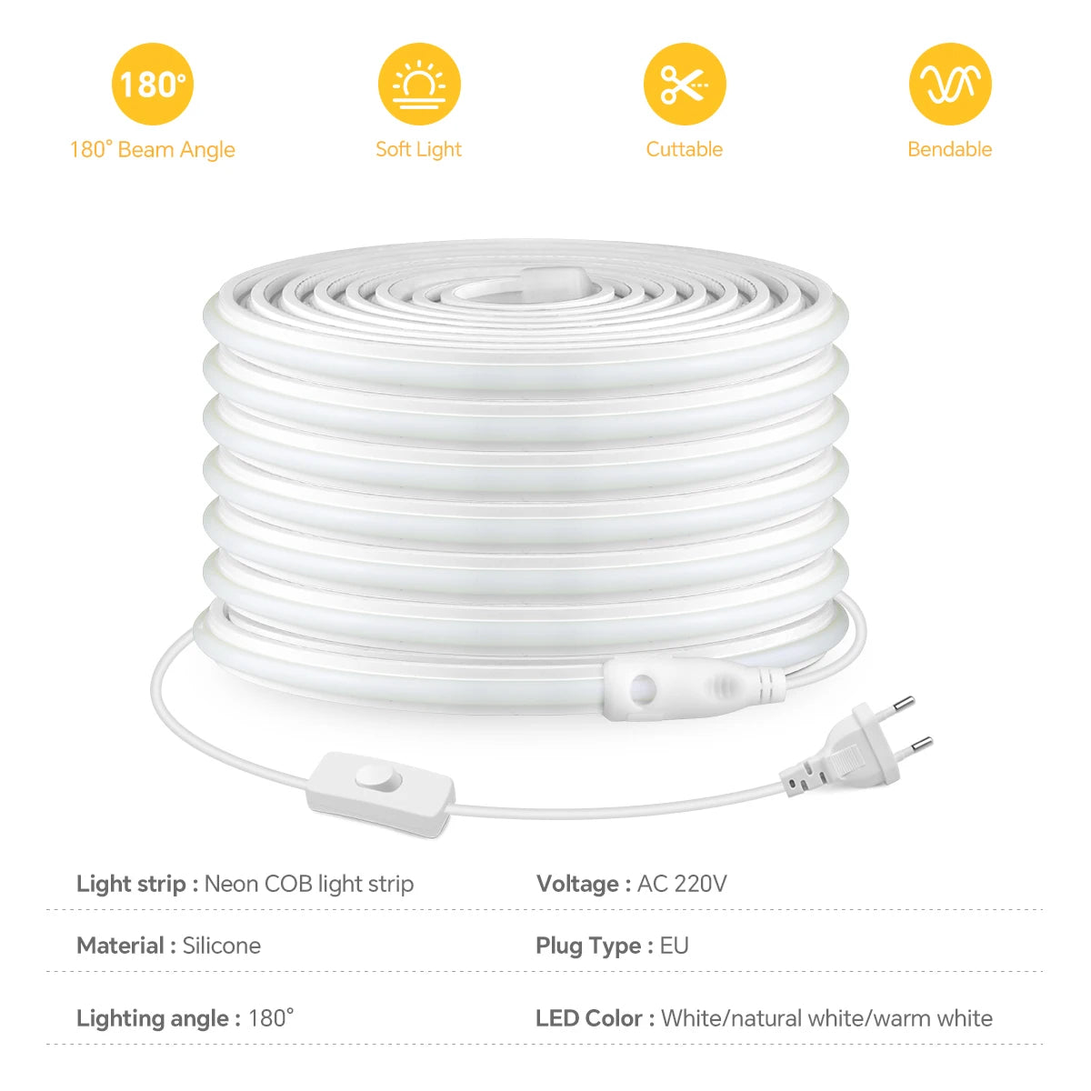 Super Bright 220V COB LED Strip Neon Lights 280LEDs/m Flexible Kitchen Lamp RA90 Waterproof LED Tape With EU Power Plug 1M-30M