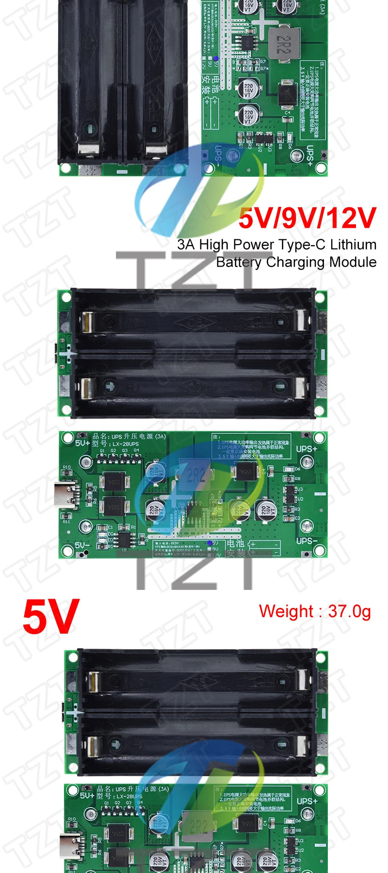 TZT Type-C 15W 3A Fast Charge UPS Power Supply / 18650 Lithium Battery Charger Module DC-DC Step Up Booster Converter 5V 9V 12V