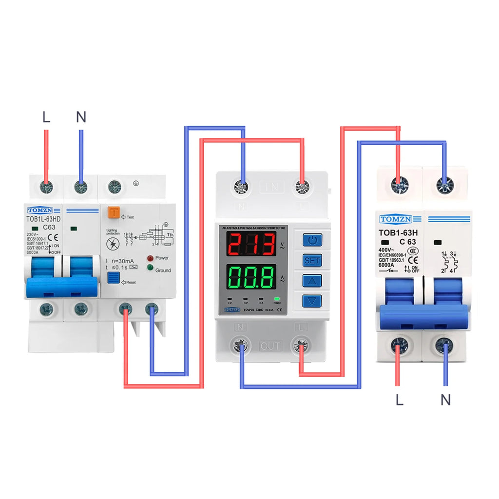 TOMZN TOVPD1-63DK Isolate L N 110V 230V AC Din Rail OVP OCP UVP Voltage Protector 63A Relay Automatic Adjustable Delay-ON